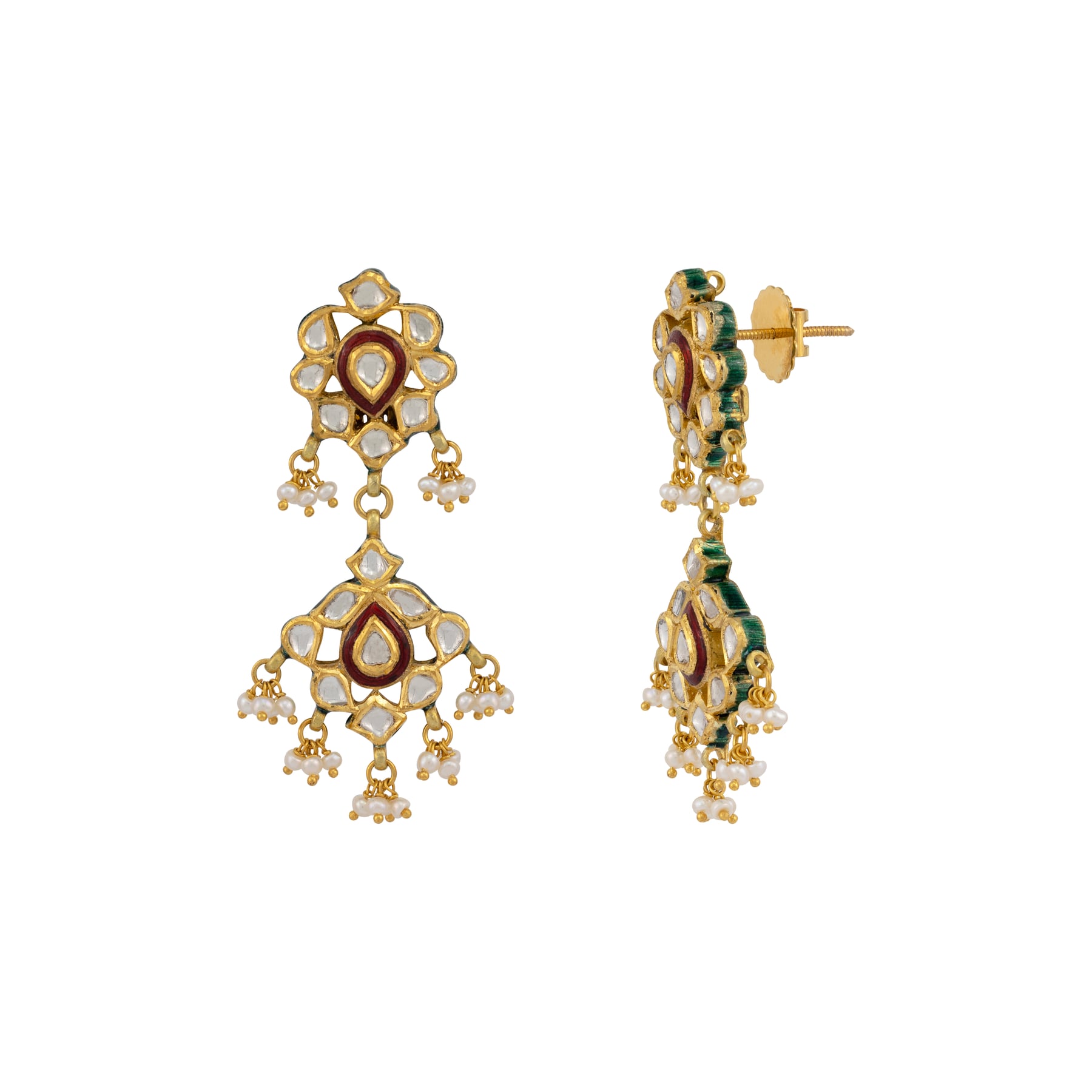 Polki Chandelier Earrings with Red Enamel and Pearl Clusters